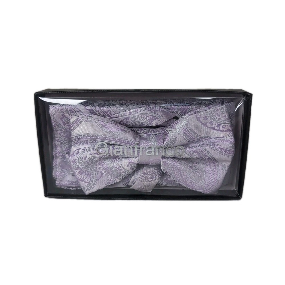 Gianfranco New formal Men's pre-tied bow tie & hankie paisley Lavender Italy
